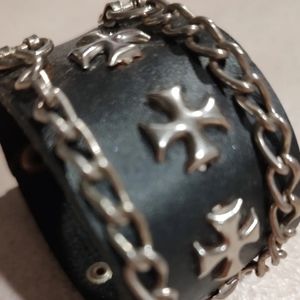 Custom black Leather snap Wrist Cuff chains Handmade USA.Chain Bracelet Is 8 In